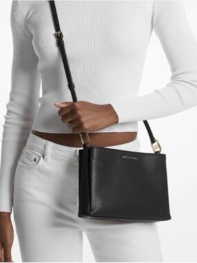 NWT Michael Kors Trisha Women's Leather Crossbody Bag Medium - Black With Gold